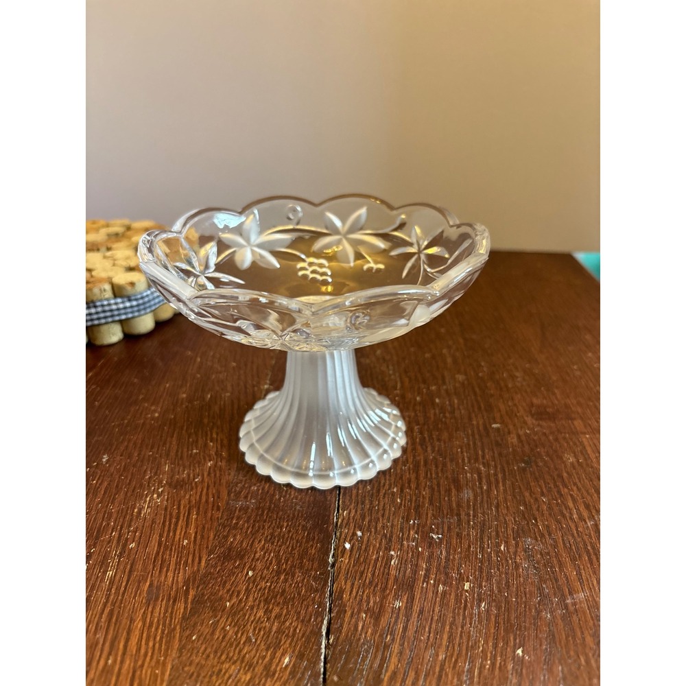 Vintage Frosted Glass Pedestal Candy Dish Etched Floral Grape Scalloped Bowl